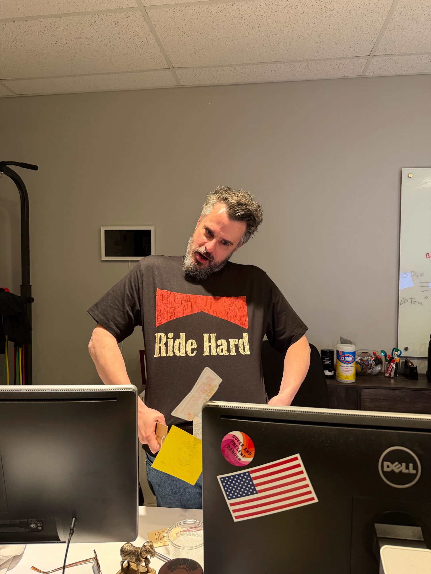 Ride Hard t-shirt at the office